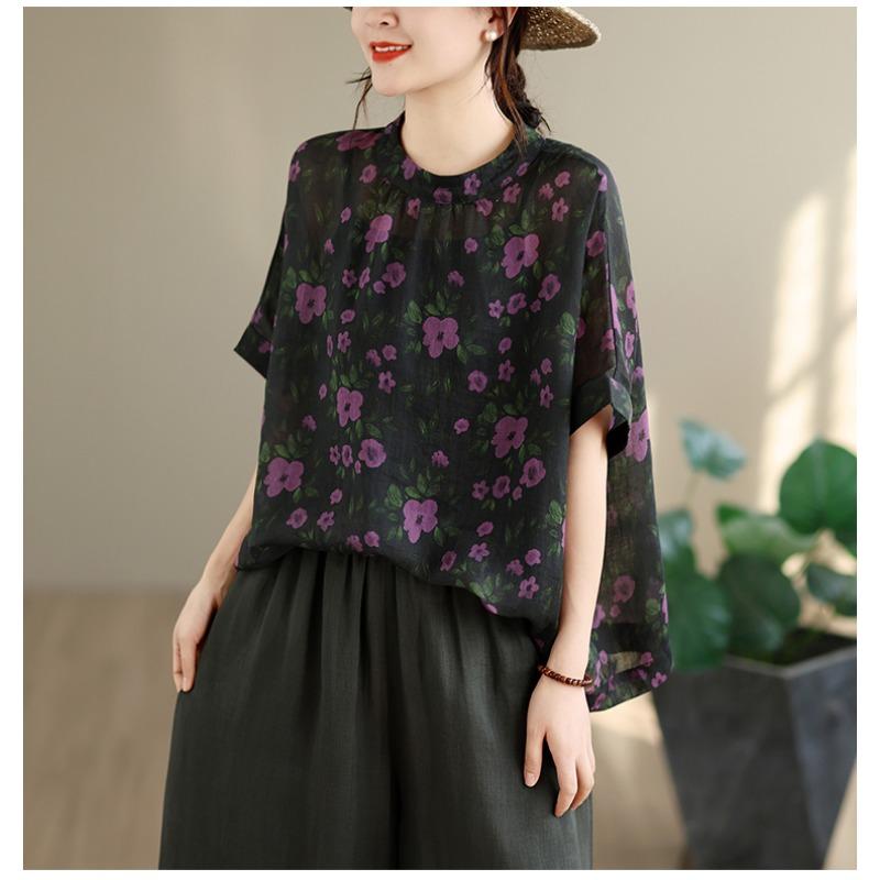 DIMANAF 2026 Summer New Plus Size Women Blouse Shirt Elegant Print Floral Lady Tops T-Shirt Cotton Fashion Clothing