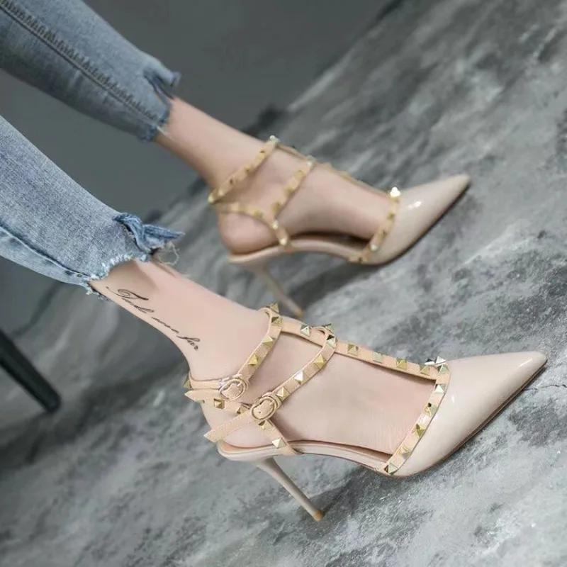 Fashion Riveted Nude High Heels, Thin Heels, 2025 Summer New Pointed-toe, Large-sized Sexy Backheel Women's Fashion Single Shoes