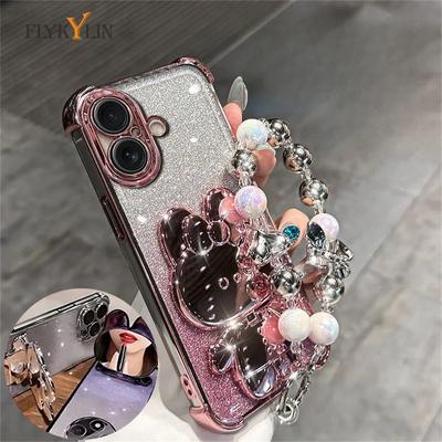FLYKYLIN Glitter Mirror Rabbit Phone Holder Case For Xiaomi Redmi 14C 13C 12C 10C 9A 13 12 10 9 Anti-knock Stand Back Cover