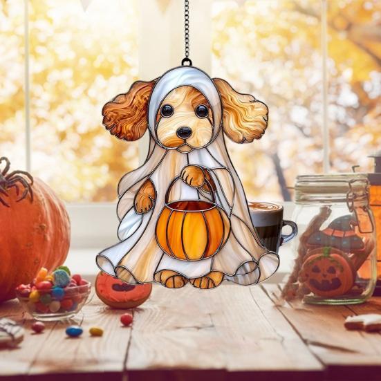Halloween Ghost Suncatcher Colorful Dog/Cat Pattern Window Hanging Ornament with Pumpkin 2D Acrylic Suncatcher for Halloweens Decor