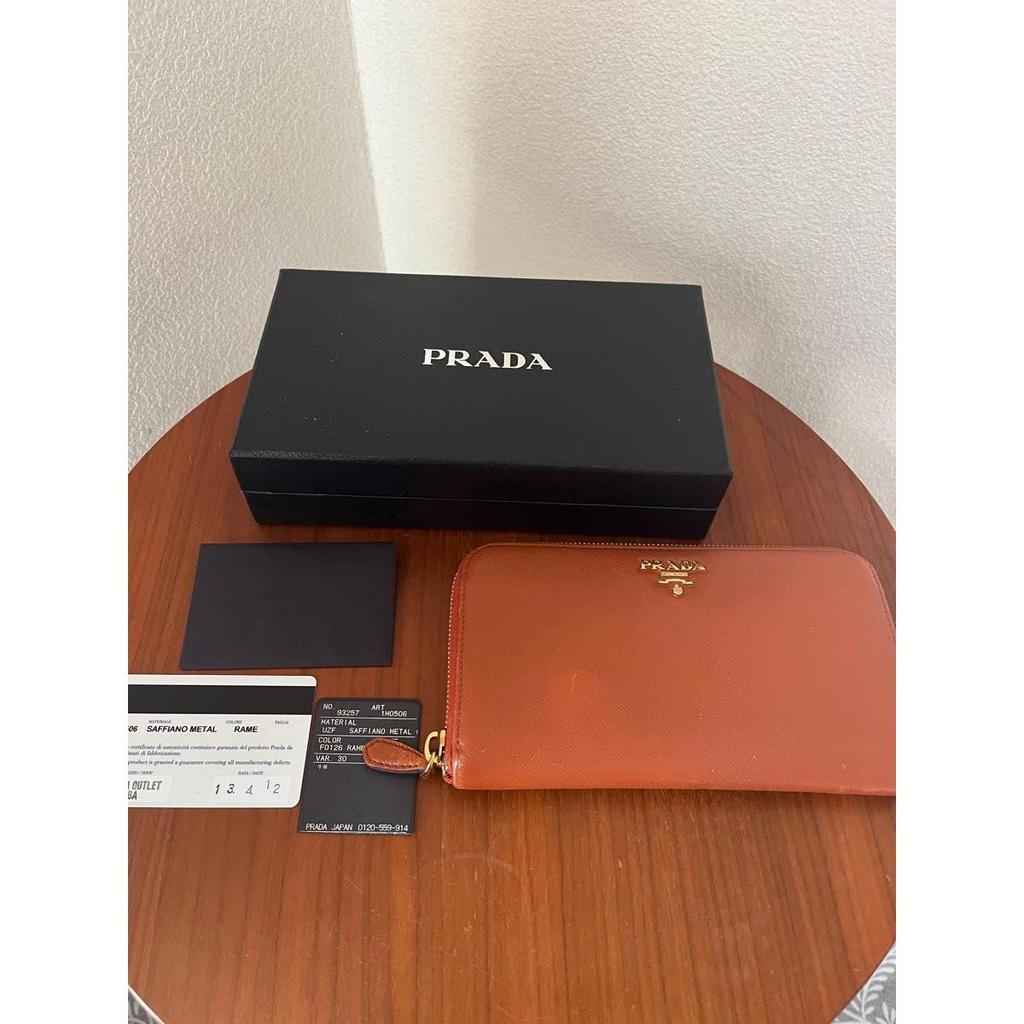 Used PRADA Prada Saffiano Round Zipper Long Wallet Orange