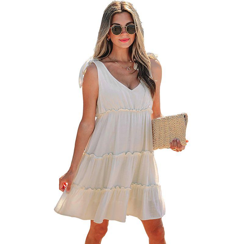 

American Shiying Lace-up Frill Sleeveless Dress Women 2025 Summer New Loose High Waist Short dress Women Apricot color Size XL fit (70.00 kg-75.00 kg