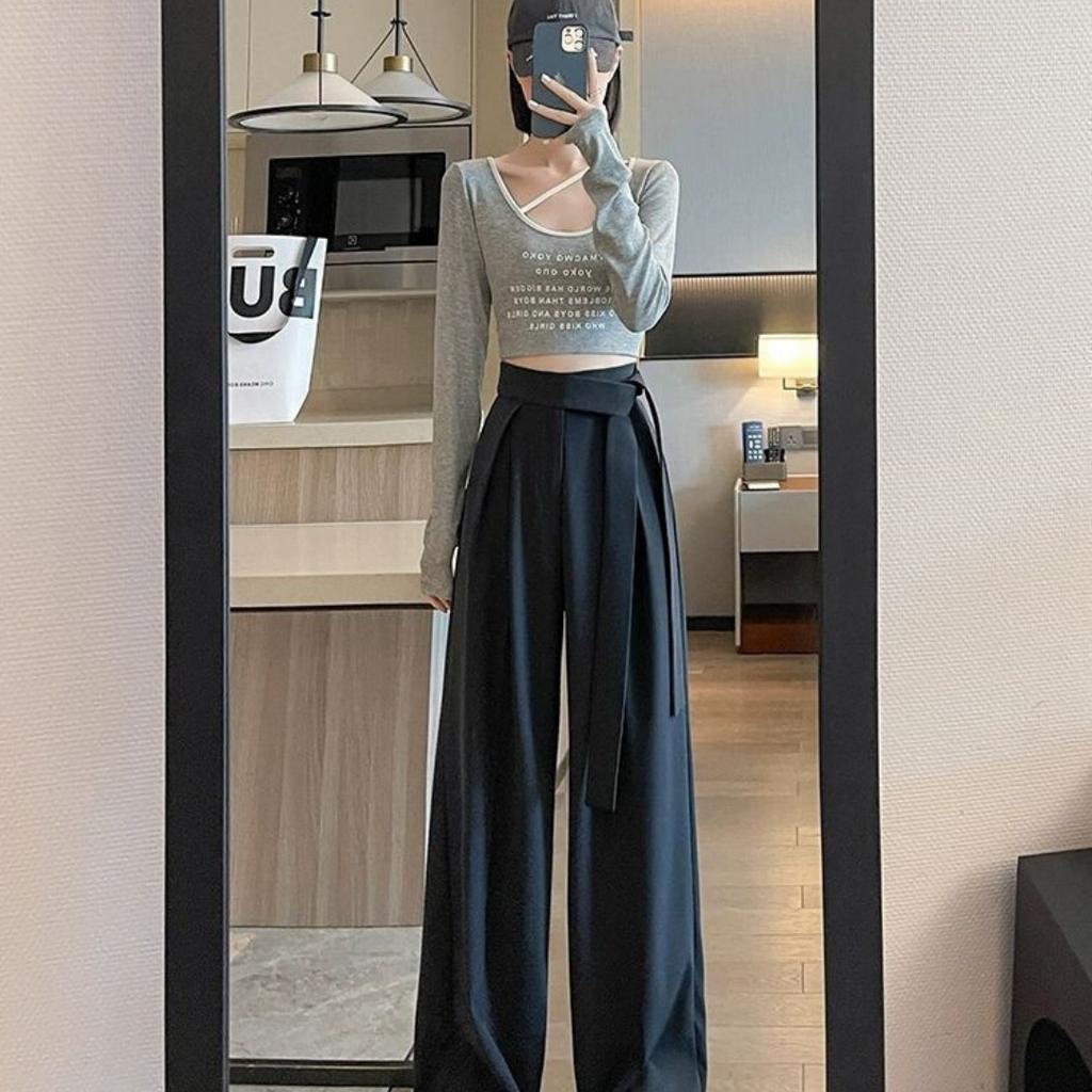 Vår dam Lösa Hög Midja Raka Vida Ben Byxor Dam Klassiska Raka Ben Kostymbyxor Elegant Stil Kontor