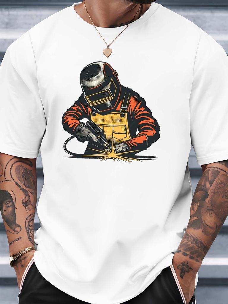 Retro Welder With Welding Spark Art Graphic Unisexs Cotton Crew Neck Tee Short Sleeve Loose Craftsunisex Casual Street Male Wear Top