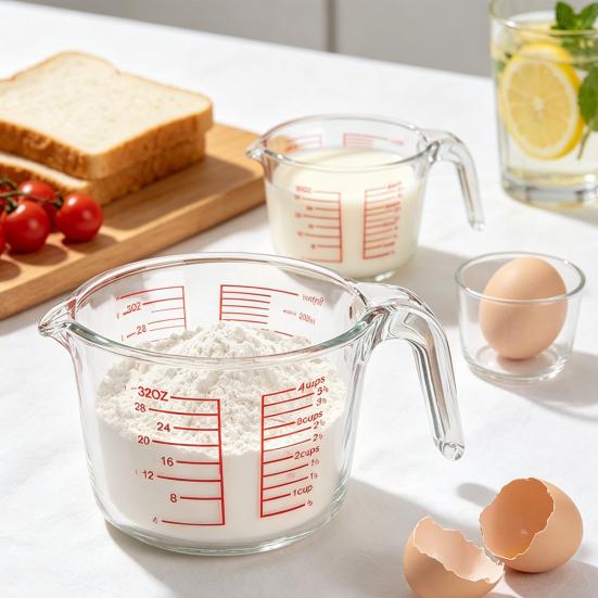 1L Glasmessbecher mit Griff Ausguss Präzise Skala Hitzebeständig Kochen Backen Flüssigkeit Mehl Pulver Messbecher Küchenhelfer