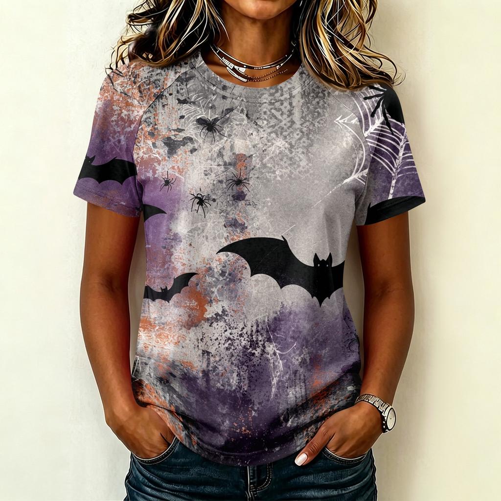 Camiseta Ligera Informal para Mujer con Mangas Raglán, Cuello Redondo y Manga Corta, Estampado Gráfico Temático de Halloween