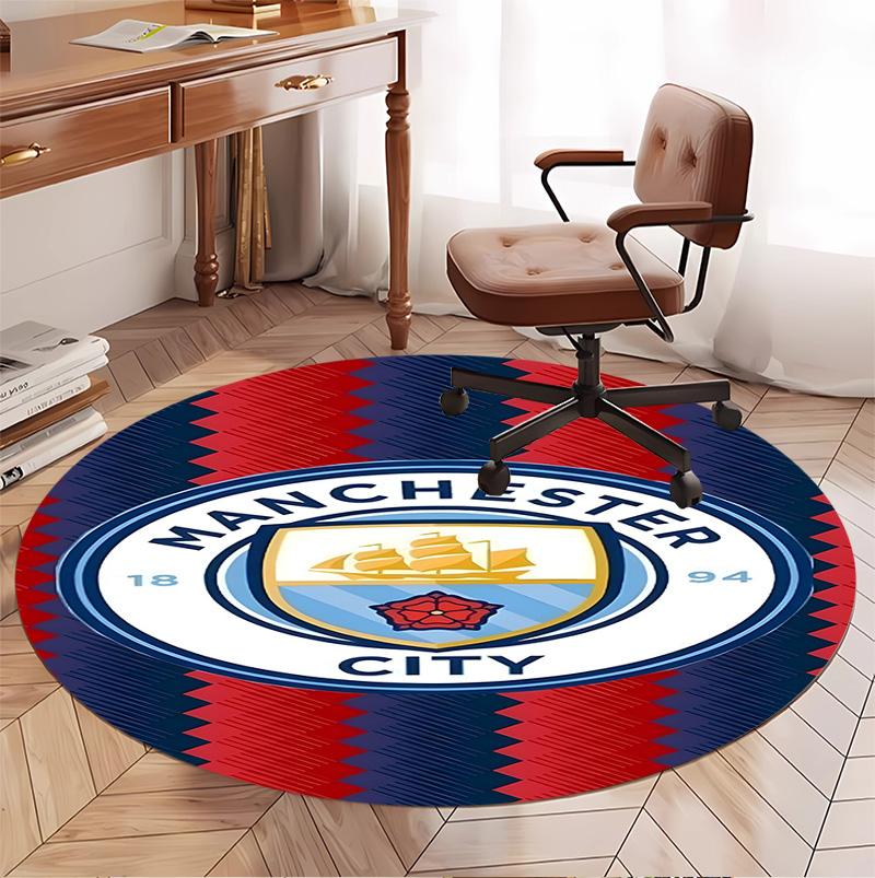 Manchester City FC Pattern Round Rug, Indoor/Outdoor Mat, for Picnic, Gameroom, Bedroom, Office, Living Room, Home Decor Carpet, Birthday Gift