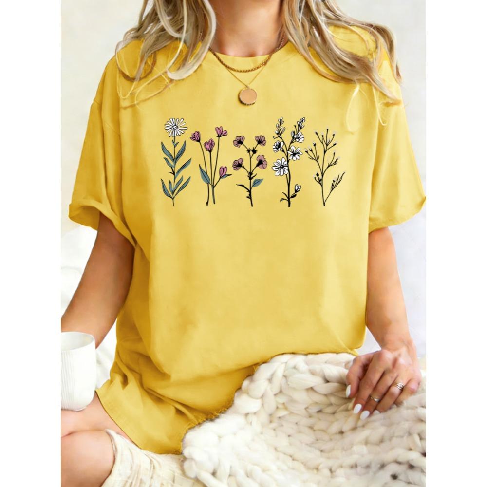 T-shirt z nadrukiem pięknych kwiatów, damski, bawełniany, luźny, letnia odzież, wygodny, Y2K, streetwear