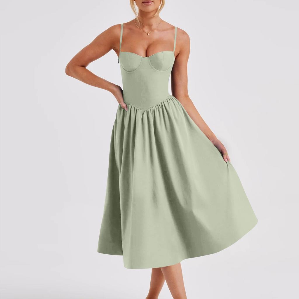 Women's Summer A-Line Midi Dress Sleeveless Spaghetti Strap Slim Fit Waist Casual Dress