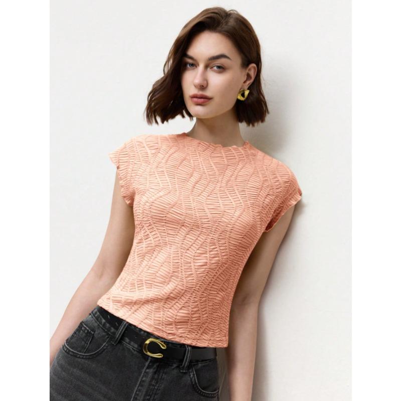 

Summer Knitted Jacquard Short Sleeve Top Slim Short Women s T-shirts XS рожевий