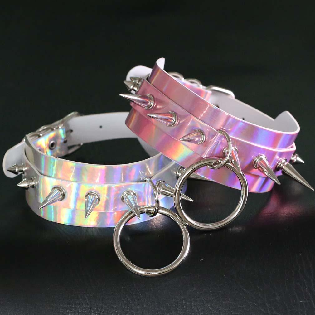 Holografický choker s hroty Punk Goth Kožený obojek Ženy Kawaii Choker Párty šperky