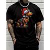 European Sizes Men's Dachshund Dog Christmas Lights T-Shirt with Santa Hat - Short Sleeve Casual Tee, Wrinkle-Resistant & Breathable