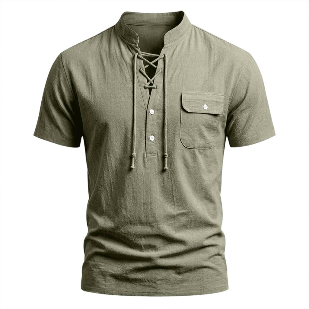 Herren Leinen Kurzarmhemd mit Kordelzug Lässig Retro Sommer Oberteil