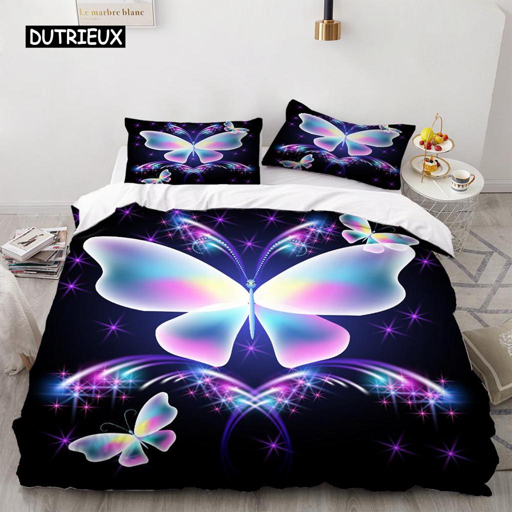 Butterfly Duvet Cover Set 3D Galaxy Purple Butterfly Floral Printed Bedding Set Fantasy Theme King Size Comforter Cover for Girl