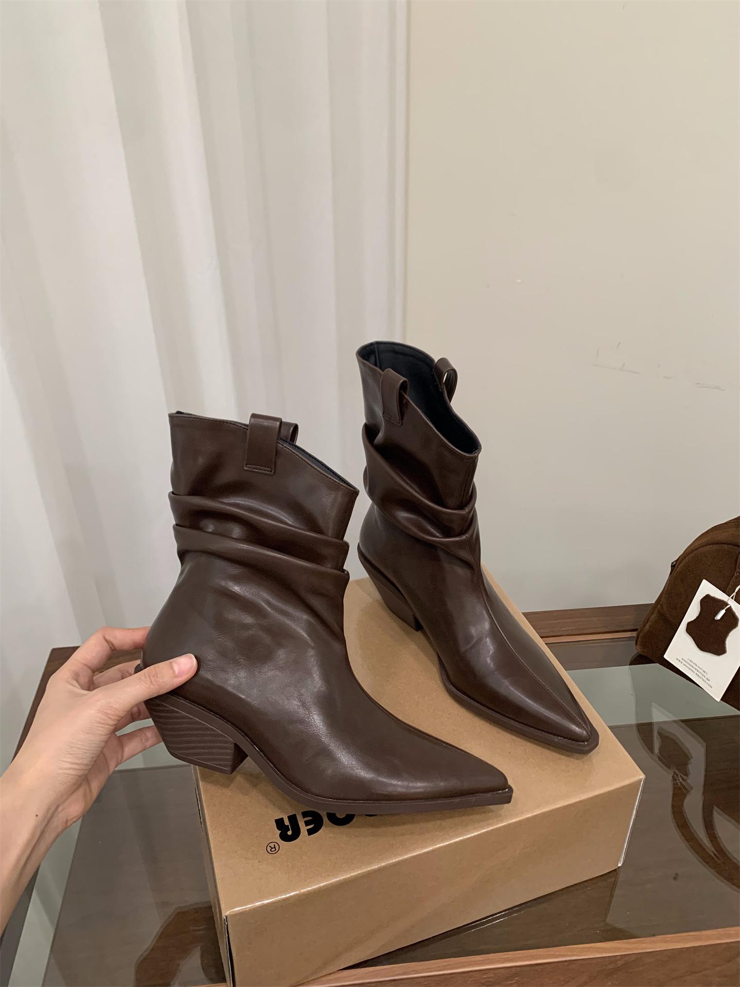 

High Heel Pointed Pile Medium Boots Martin Boots Women s Boots 2025 Fall/Winter Skinny Brown Western Cowboy Boots 39