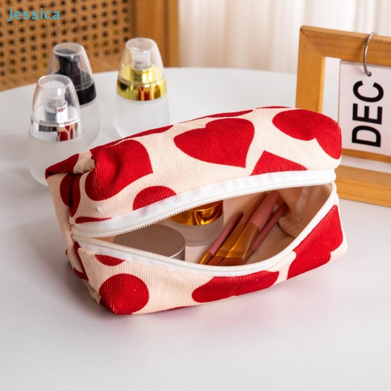 Red Heart Pattern Corduroy Makeup Bag - Cute Cosmetic Organizer Pouch, Portable Travel Toiletry Bag for Women