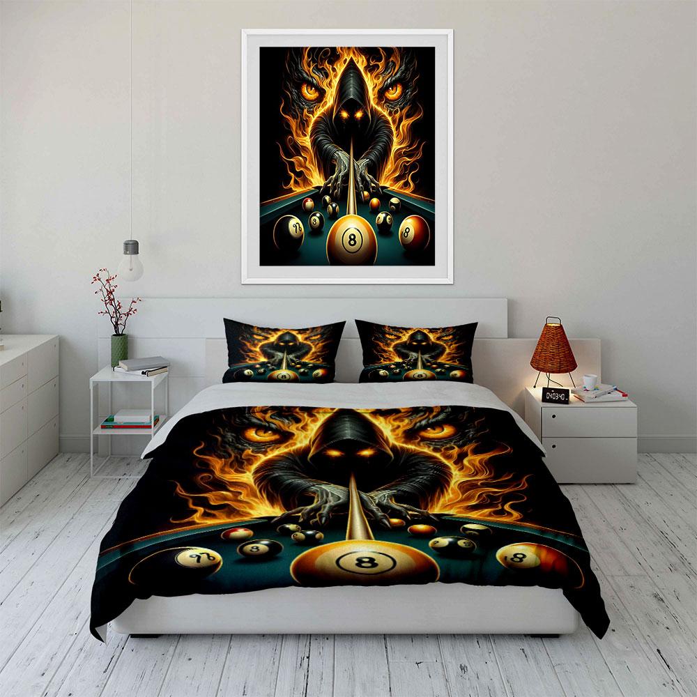 Fiery hooded figure, billiard balls. Bedding sets Duvet cover sets Duvet covers Pillowcases(1 * Duvet Cover 2 * Pillowcases without duvet insert)