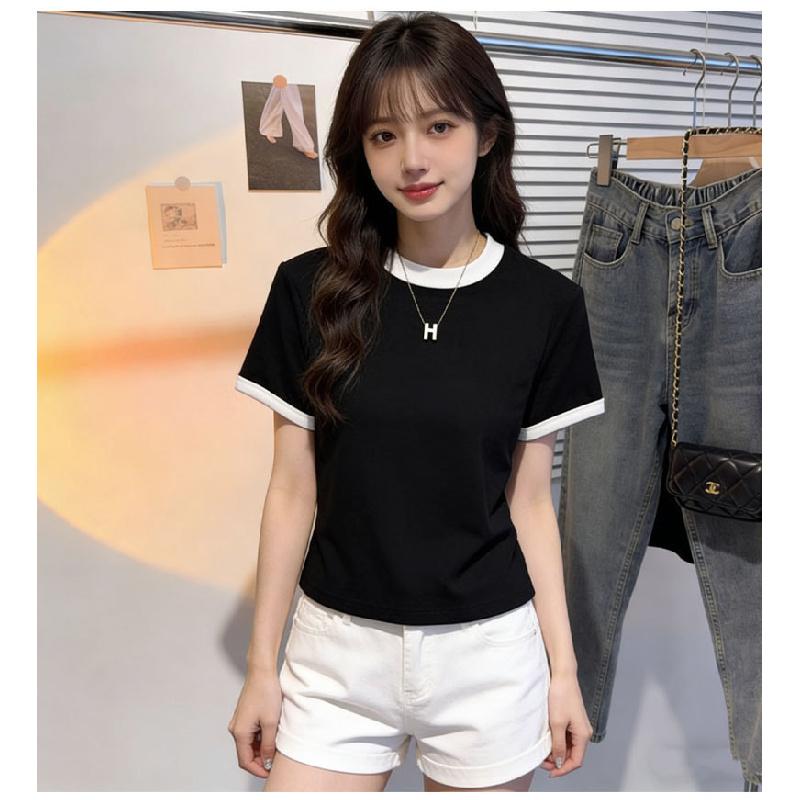 Two-tone round-neck short-sleeve t-shirt for women, 2026 new summer base shirt, slim-fit short top