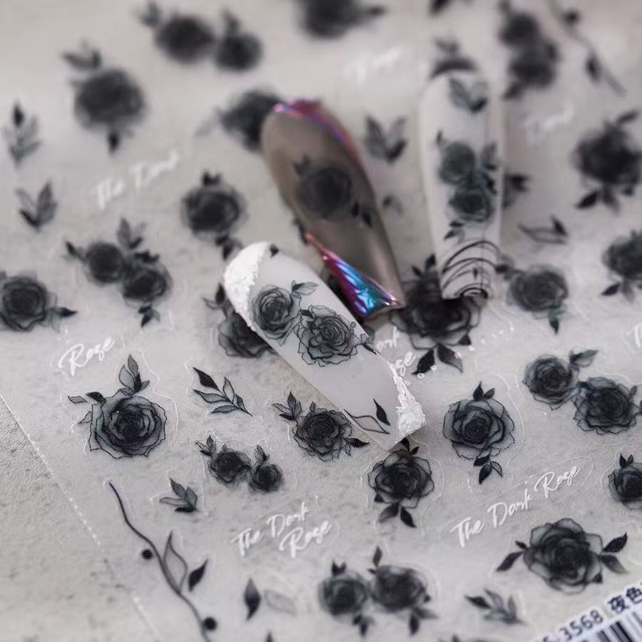 Black and White Translucent Rose Flower Manicure Sticker Waterproof Glue Nail Sticker DI Decorative Appliqué Ornament Sticker