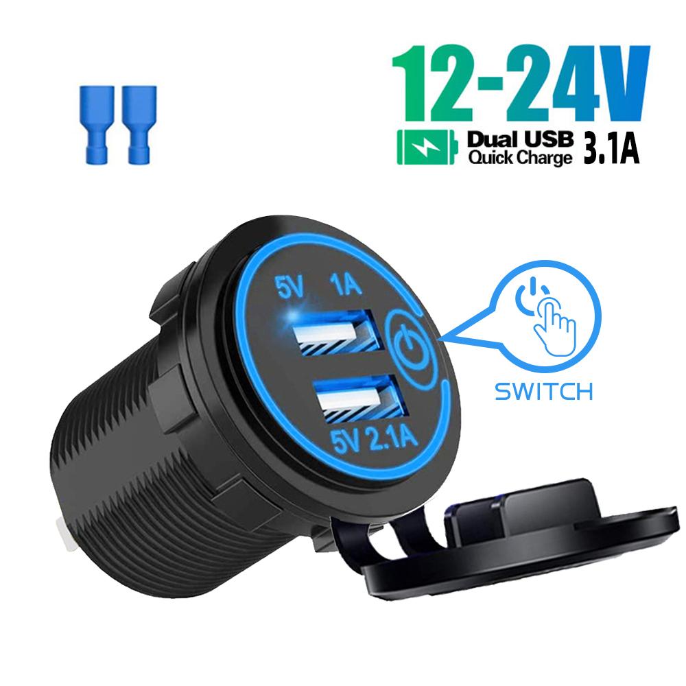 

Dual USB Charger Socket 12V/24V Waterproof 3.1A Waterproof Power Outlet with Touch Switch for Car Phone Boat Marine Motorcycle синий
