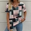 Women's V-neck Short Sleeved 3D T-shirt Checkered Print Summer Clothing Striped Women's T-shirt Street Top