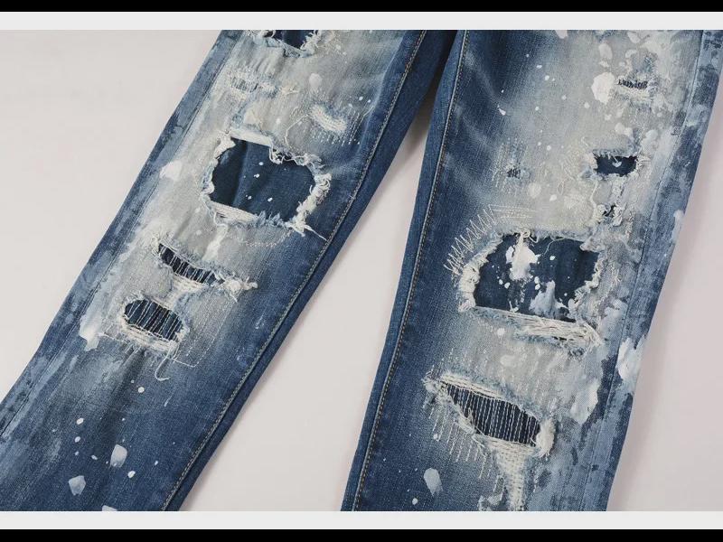 Trendy Blaue Distressed Ripped Skinny Jeans für Herren mit Farbdruck