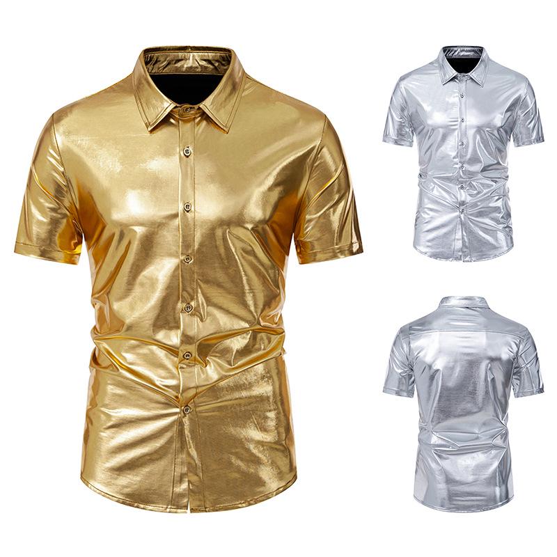 2024 European & American Men's Shiny Disco Short Sleeve Shirt - Youth Hot Stamping, European Size