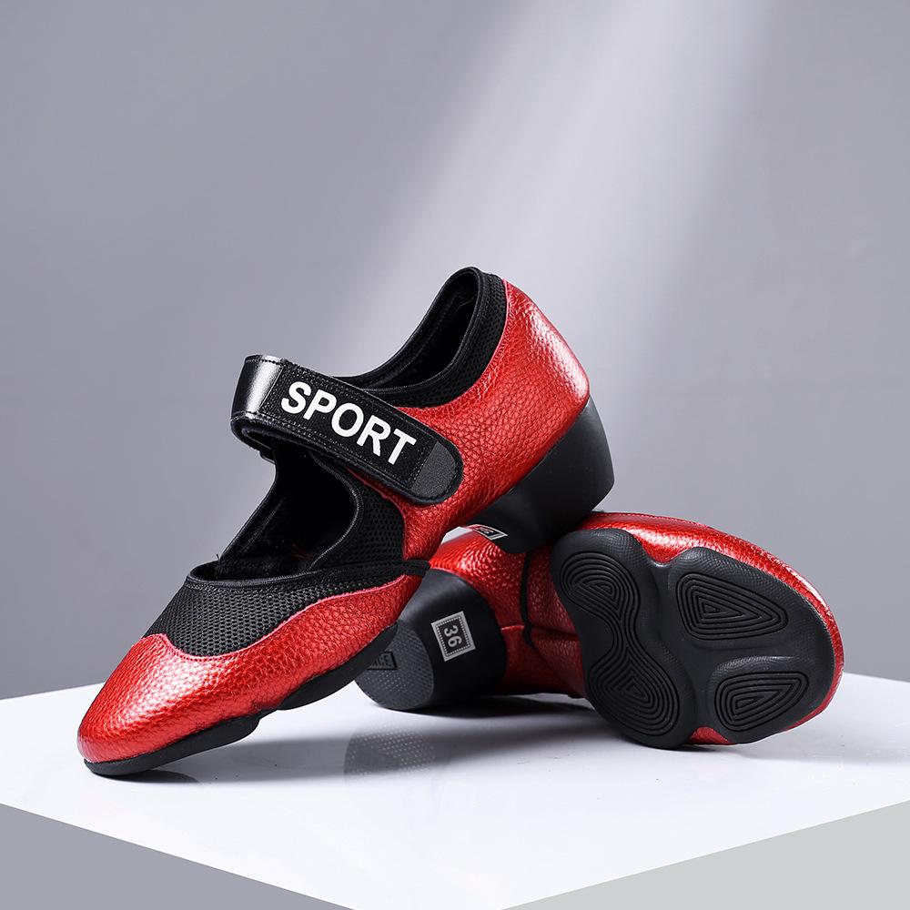 Wu Pa Women's Low Heel Leather Dance Shoes - Soft Sole, Breathable, Velcro Closure, Ideal for Ballroom, Middle-Aged & Elderly.