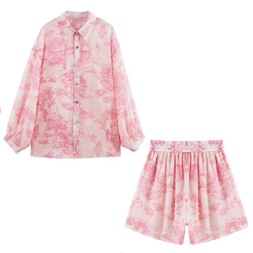 Pink sunscreen shirt shorts set women's new small design casual two-piece set