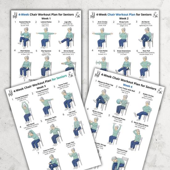 4Pcs 4-Week Chair Exercise Chart for Seniors Full Body Seated Stretching