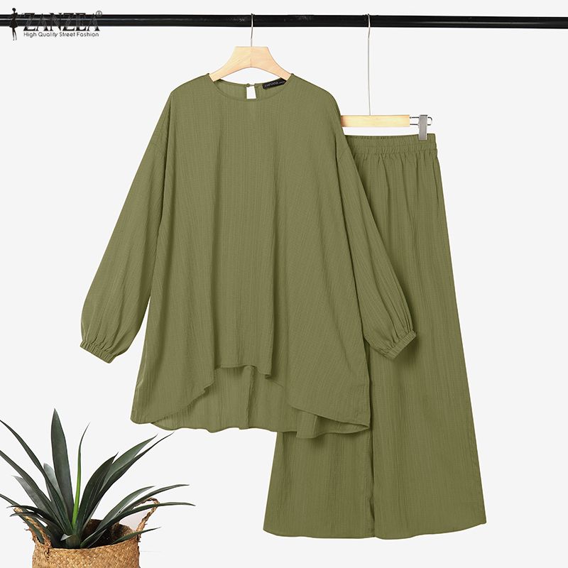 ZANZEA Completo da Donna Casual a Due Pezzi con Blusa a Manica Lunga Irregolare e Pantaloni Lunghi