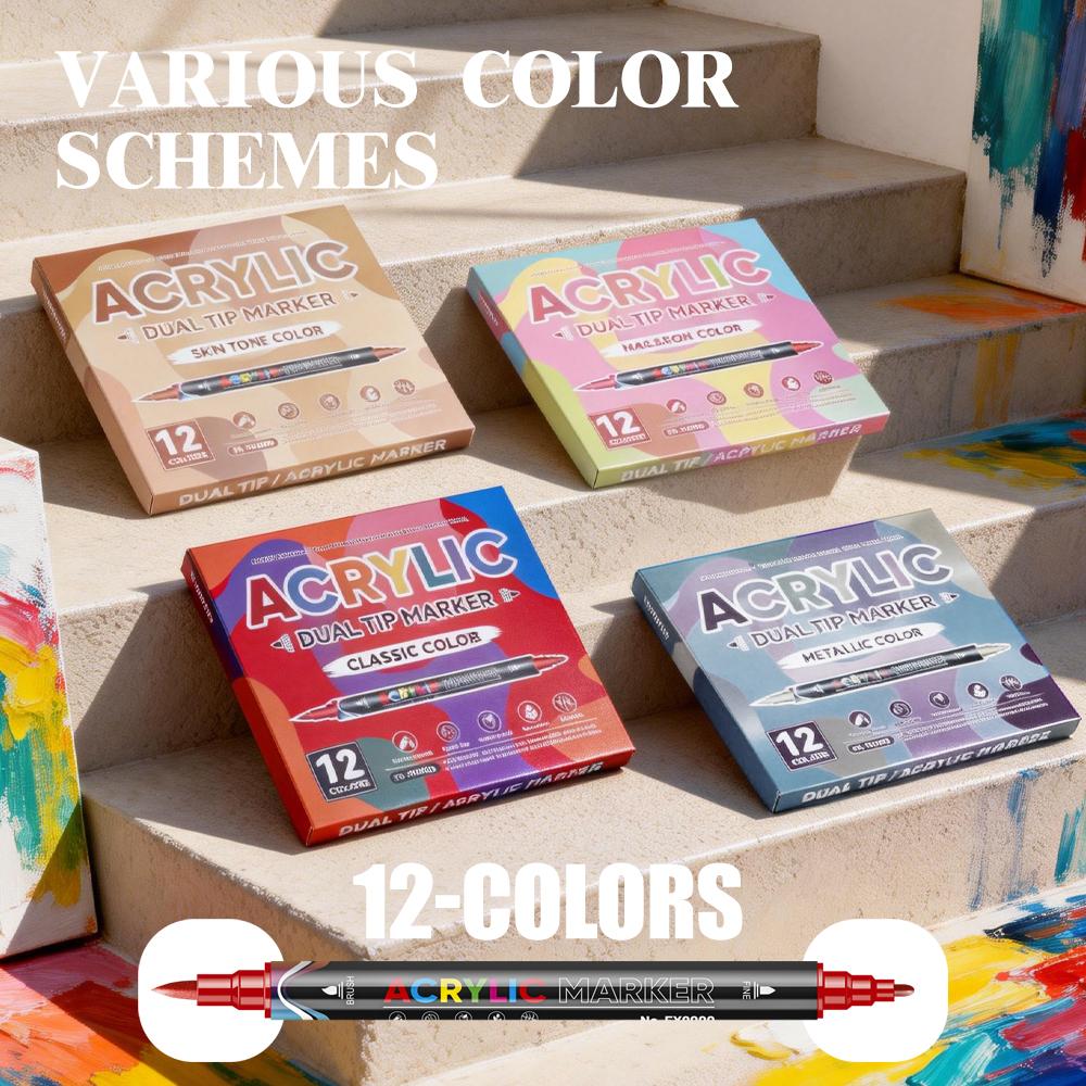 Premium  Direct Liquid Dual Tip Acrylic Marker 12 Colors Brush Soft&Fine Tip Marker Art Painting Pen For Rock Graffiti