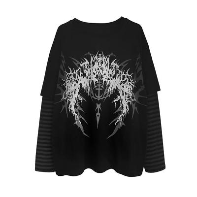 Fake Two Pieces Patchwork Stripe Y2k Aesthetic Tshirts Harajuku Casual Loose Printing T-shirt Gothic Streetwear Women Grunge Top