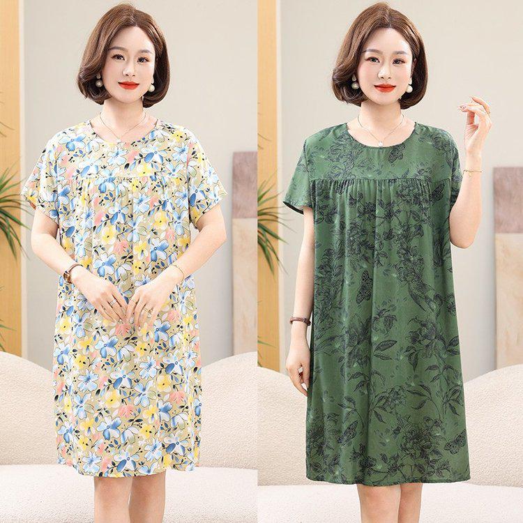 Summer Cotton Silk Knee-Length Floral Dress for Middle-Aged and Elderly Women - Short Sleeved, Lightweight, Plus Size, Loose Fit