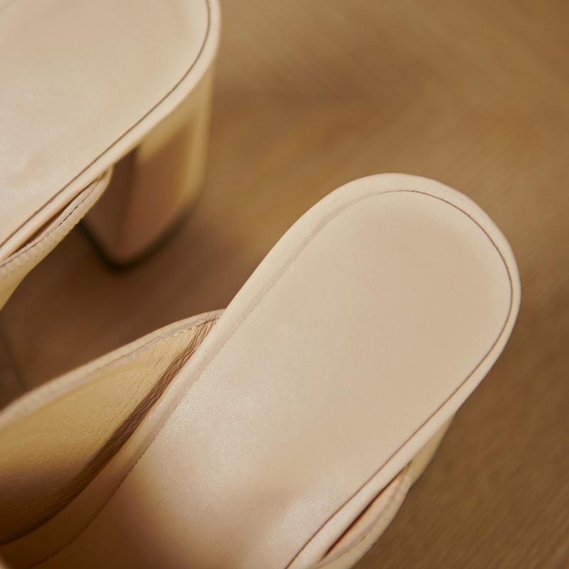Fashion Women's New Summer European and American Leather Square Headed Thick High Heel Large Size Baotou Slippers