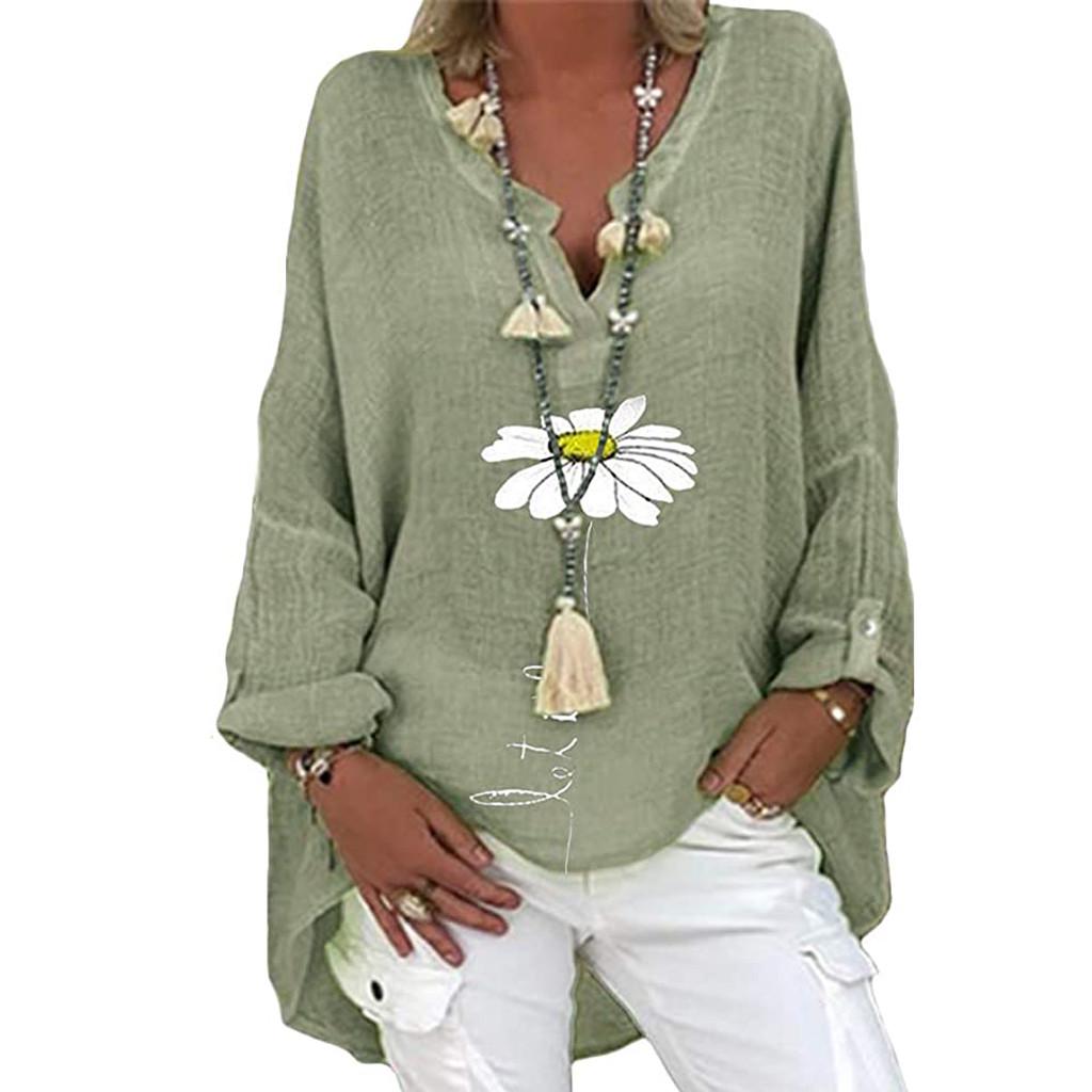 Plus Size Dames Casual Lange Mouw Bloemenprint Los V-hals Shirt Blouse Top