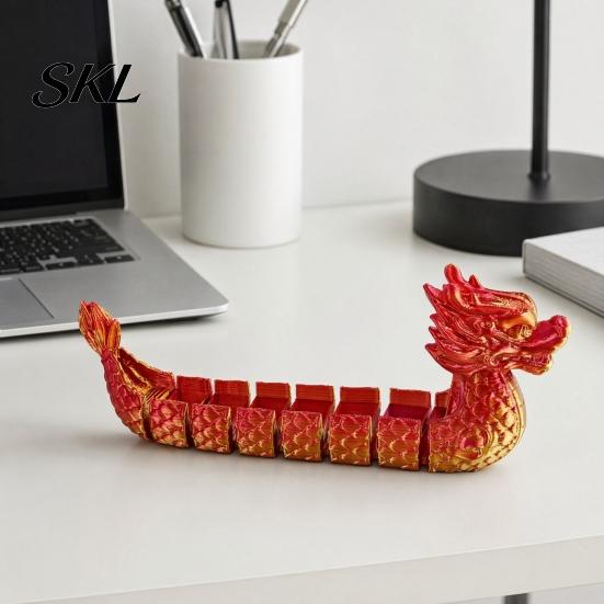 Handcrafted Dragon Boat Ornament 3D Printed Articulated Figurine, Gradient Metallic Statue with Flexible Bendable Body, Colorful Traditional Festival