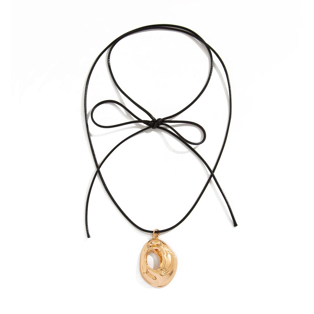 Metal Irregular Hollow Pendant Necklace, Geometric Rose Wax Thread Knotted Necklace