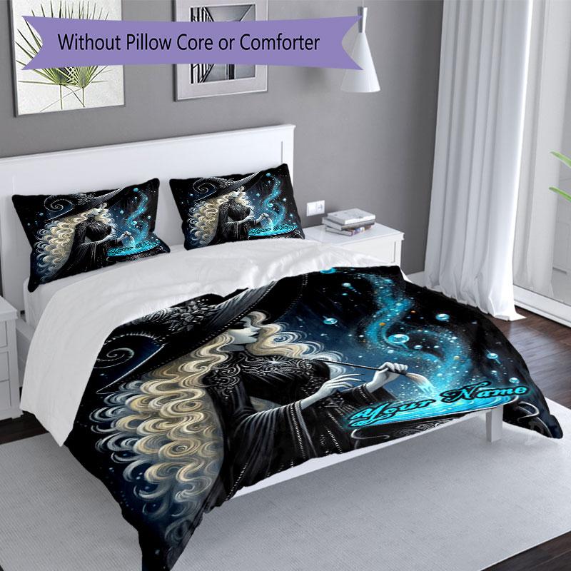 3pcs Custom Name Witchcraft Spell Magic Night Bedding Set Printed Bedding Set Duvet Cover Closure Includes 1 Duvet Cover & 2 Pillowcases Bedroom Decor