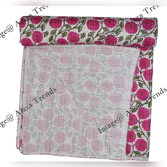 Aizza Trends Cuvertură Kantha din Bumbac Pur Imprimat Lucrată Manual - Aspect Tradițional Cuvertură de Pat Kantha Gudri - Gudri Vintage Cusute Manual