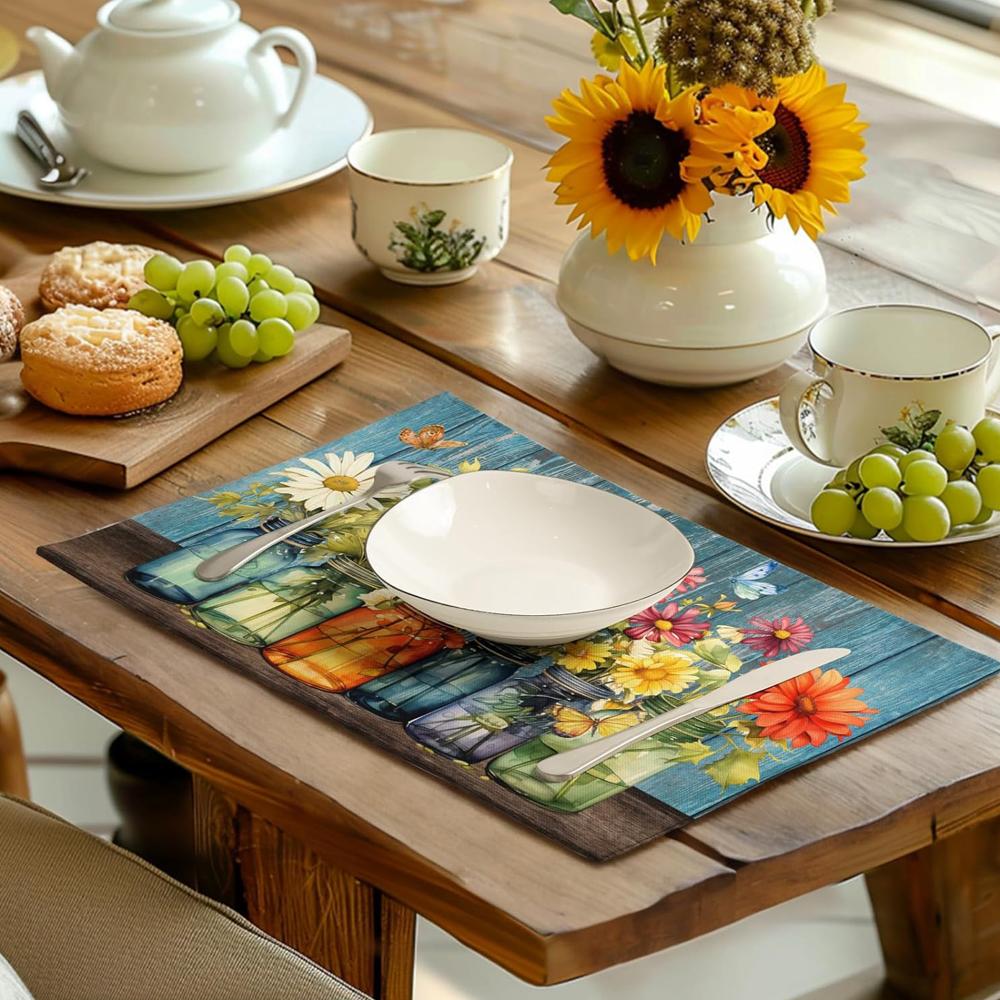Rustic Daisy Placemats Vintage Flower Vases Wood Grain Linen Table Mats 30x45cm Summer Floral Wooden Board Farmhouse Washable