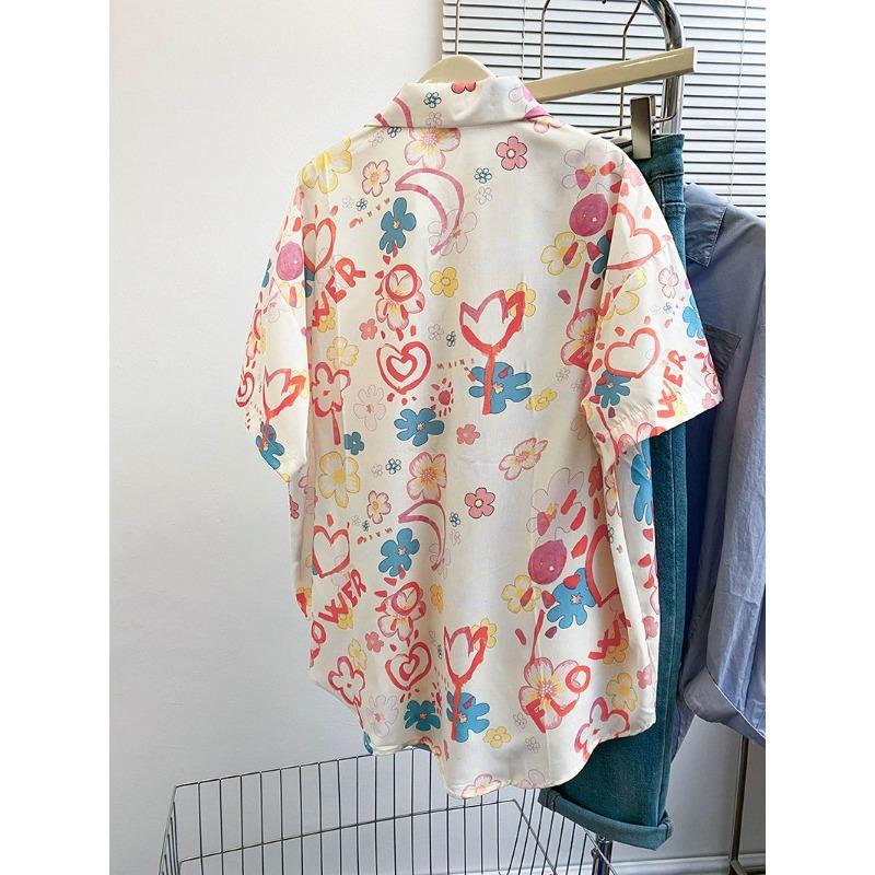 Summer Graffiti Women's Short Sleeved Shirt Fashion Versatile Pocket Blouse Loose Casual Comfortable Lady Clothing