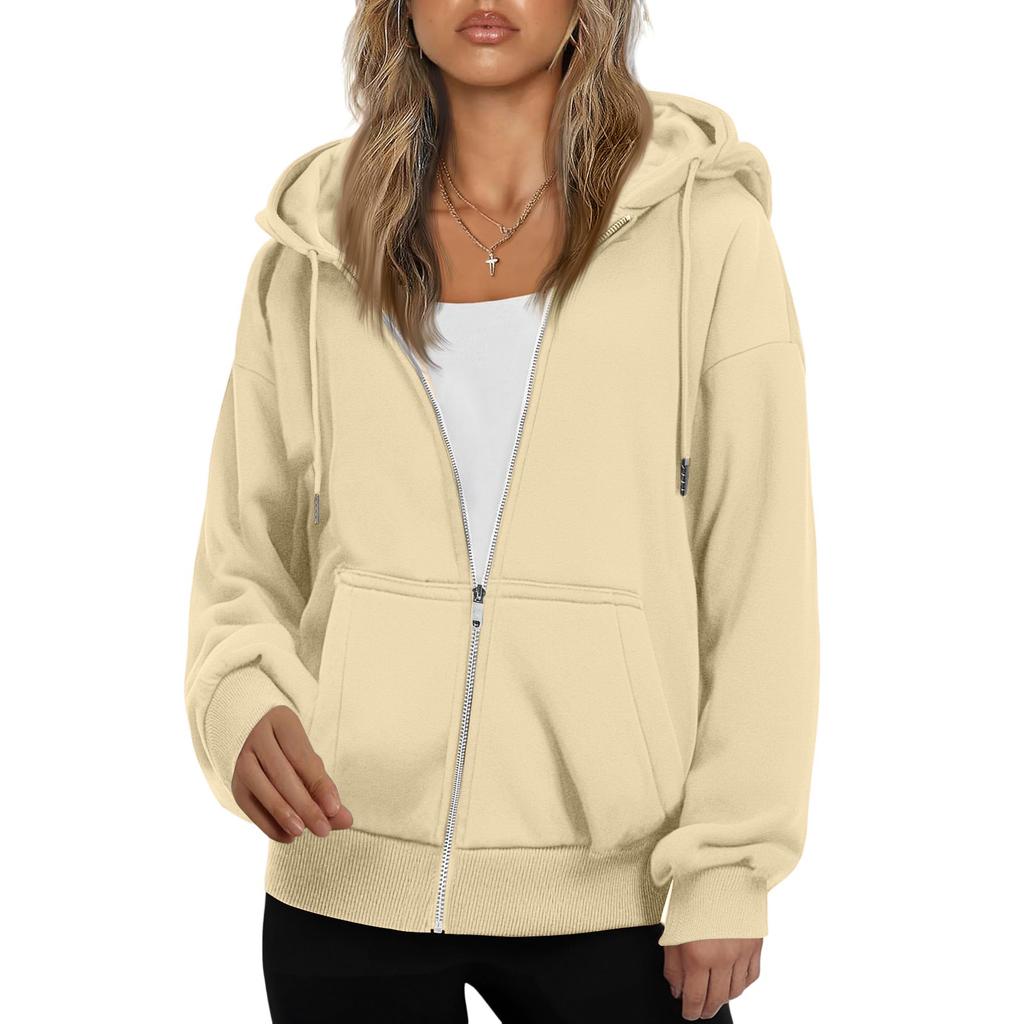 Women's Full Zip Up Hoodie Sweatshirt with Drawstring Hood and Split Pockets Casual Loose Fit Outerwear for Everyday Wear