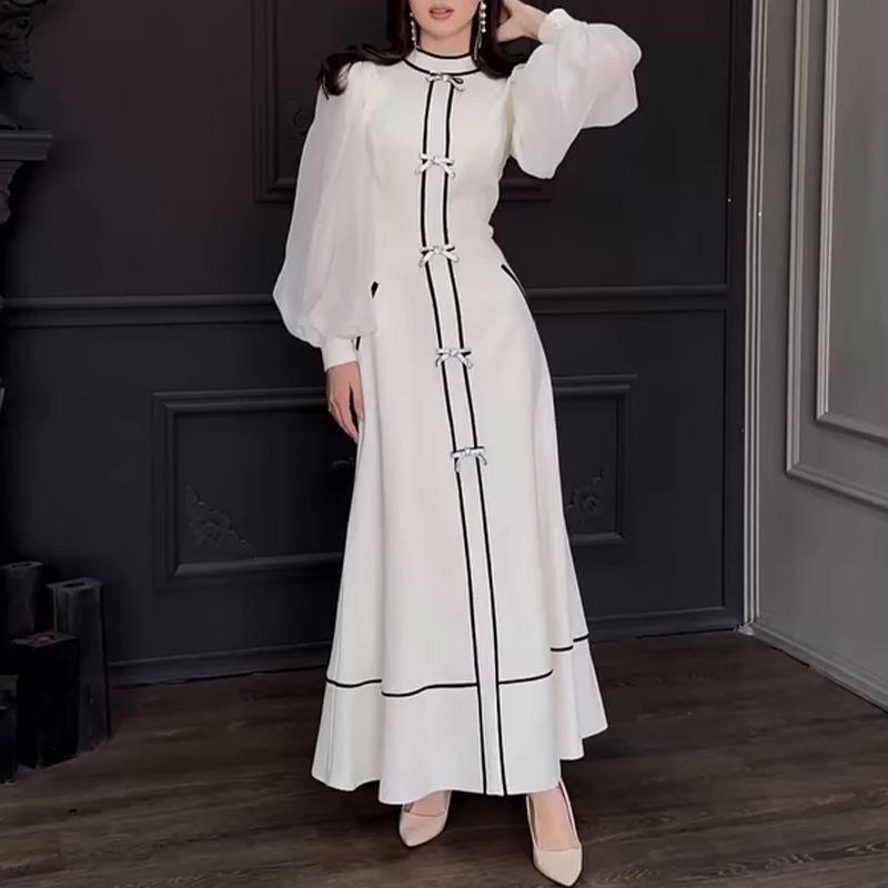 2025 Europe, America, autumn new bow decoration contrasting stripes design temperament long dress XS белый
