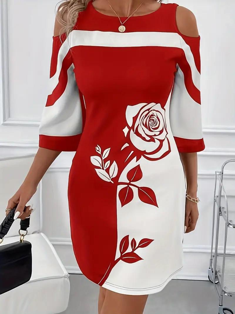 Elegant Plus Size Off-the-Shoulder Rose Print Dress with Mid Sleeves XXL