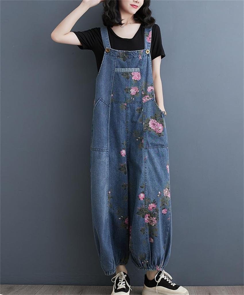 Mouhoukyo Denim Cute Floral Loose Size Women's Overalls, Jumpsuit, Wide-leg Pants, Print, Casual, Fit, Flattering, Spring/Autumn (Color shown, M)