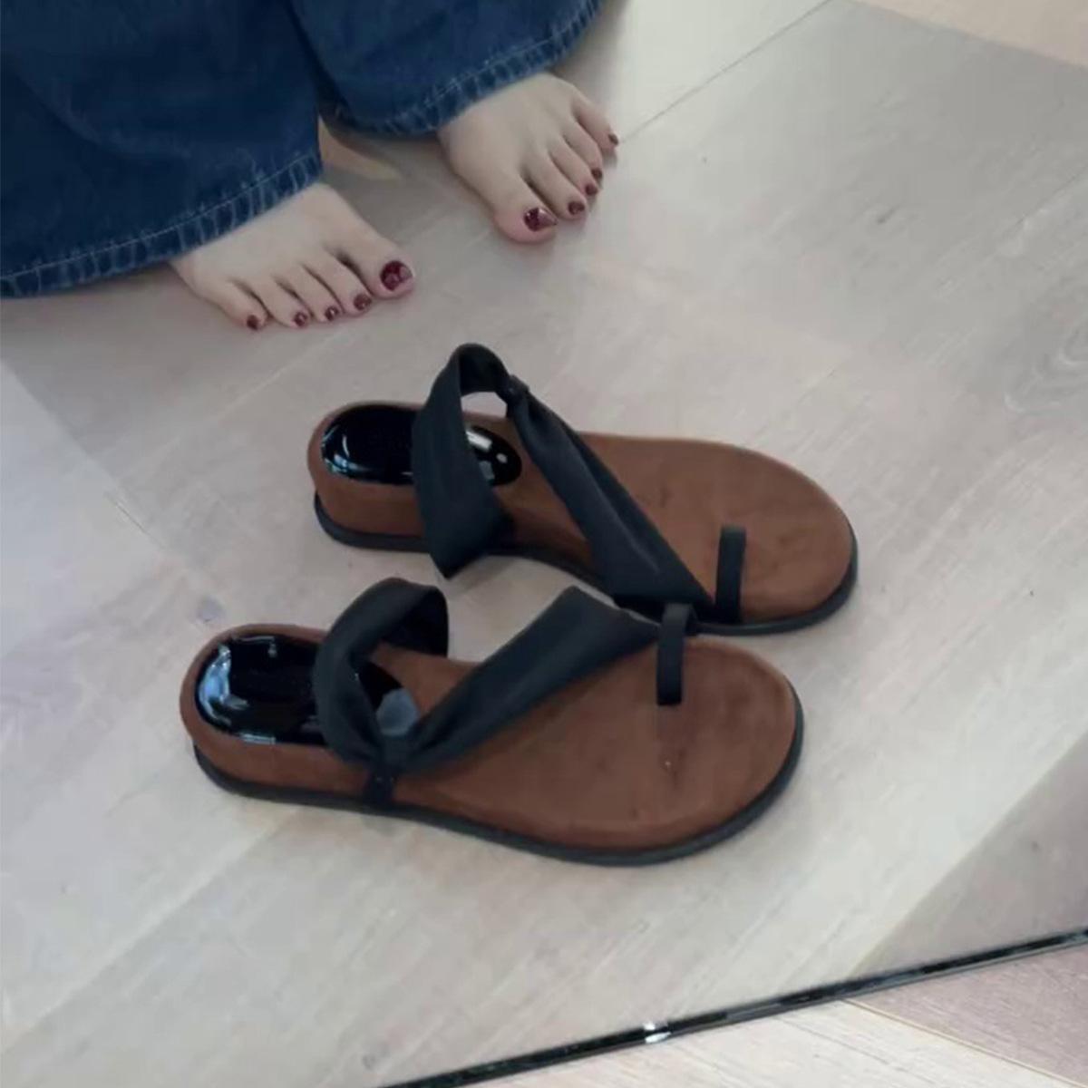 

Sheepskin version~ thick-soled set of toes with slippers, wearing retro leopard print cool slippers, round head temperament sandals 35 чёрный