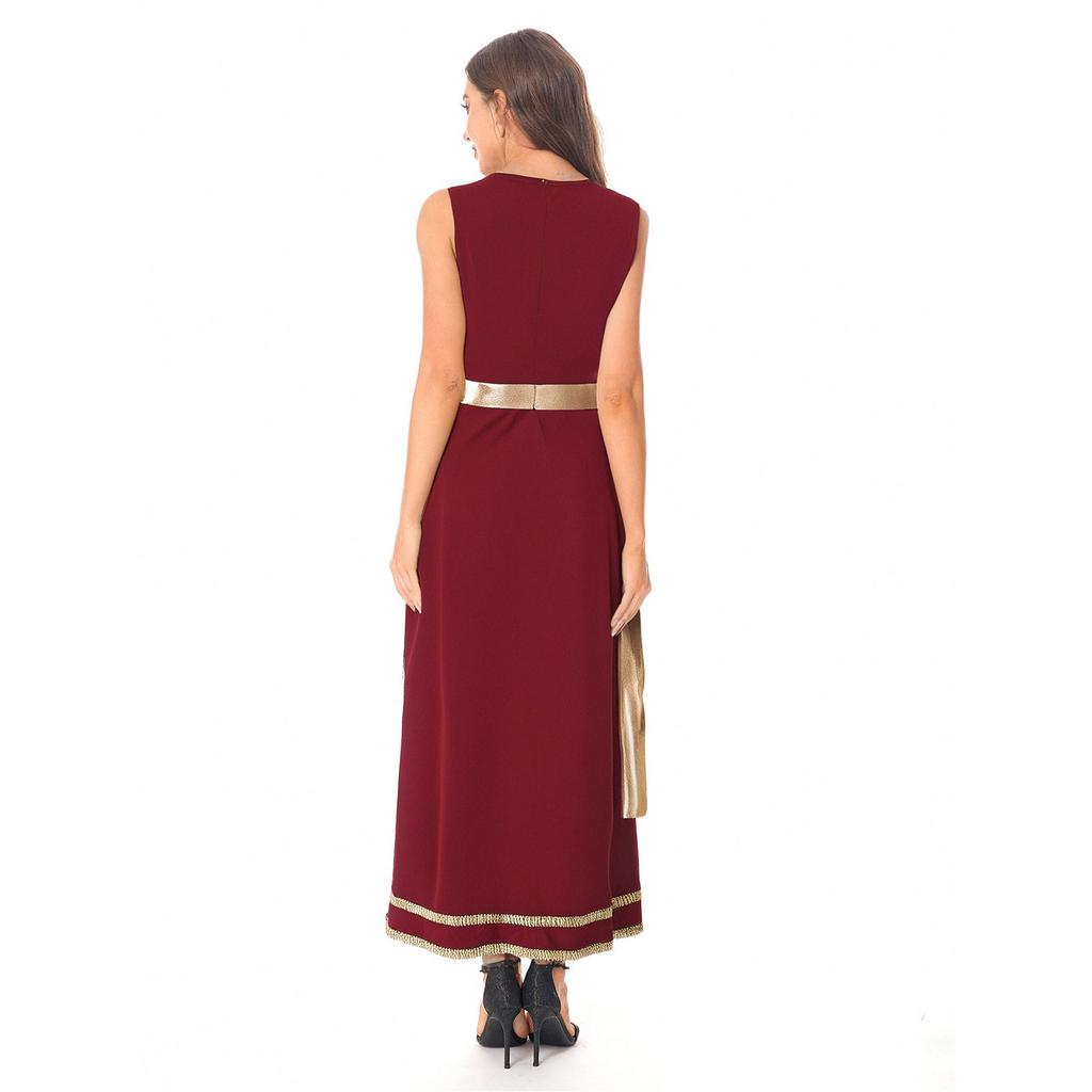 Womens Greek Roman Tunic Dress Square Neck Sleeveless Gold Trim Metallic Shiny Drape Robe Toga Halloween Costume
