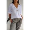T-shirt da donna estiva nuova, larga, in cotone e lino, con scollo a V, bottoni, casual
