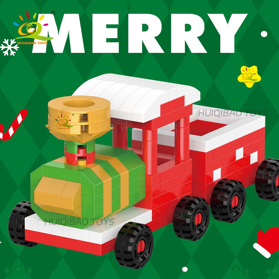 HUIQIBAO Mini Christmas Tree Santa Claus Children Train Model Micro Bricks Building Block Snowman Elk Bricks Toys New Year Gift